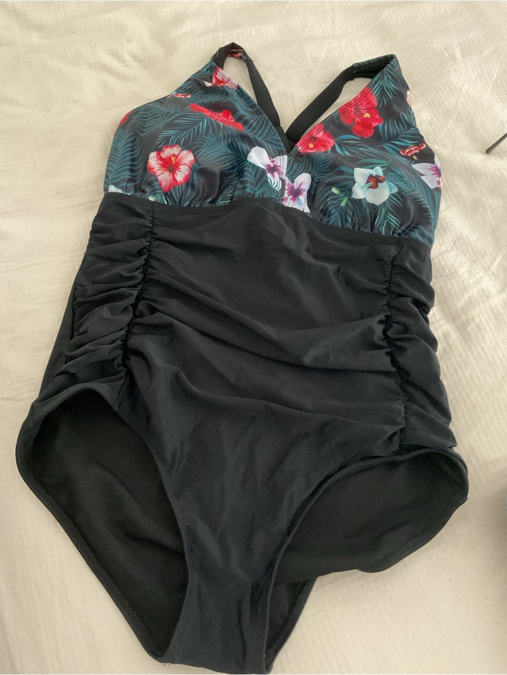 “NWOT”Floral-Accent Black One-Piece Swimsuit